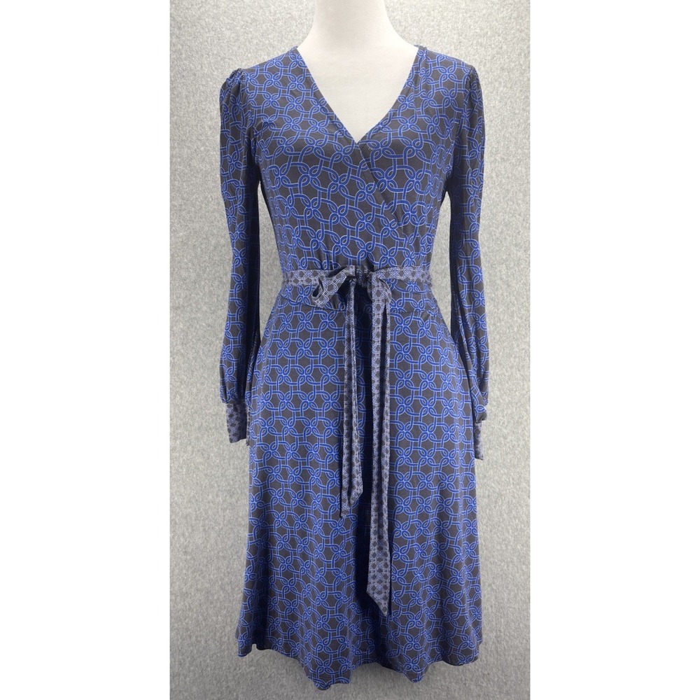 Boden Blue Geometric Wrap Dress Long Sleeve Petite 4